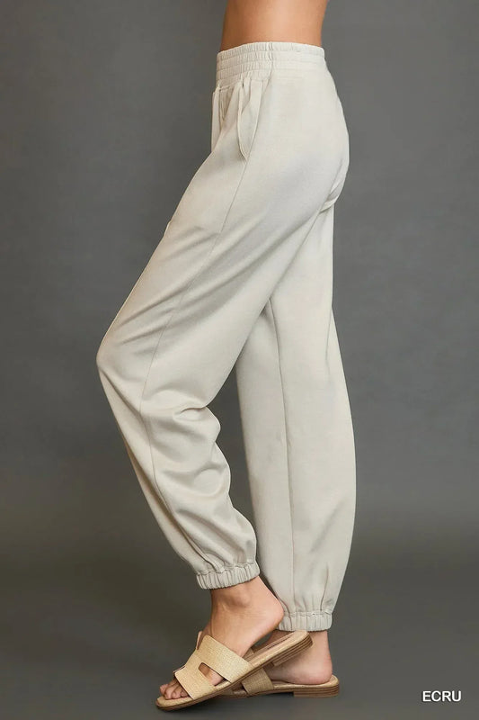 Umgee Drawstring Jogger Pants with Front Seam Detail Ecru - DAVERRI FASHIONS