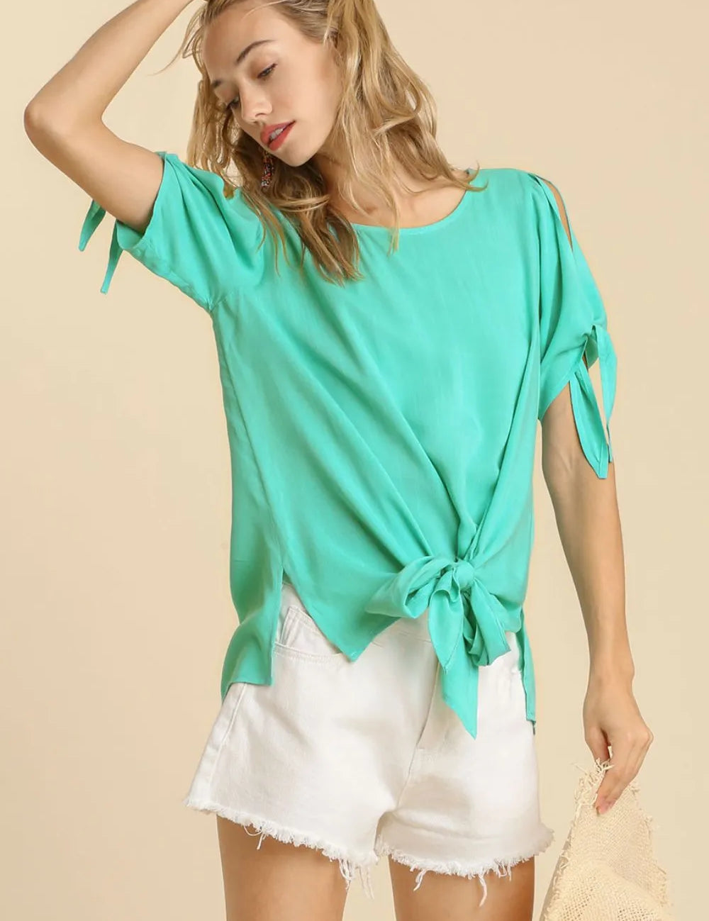 EMERALD Umgee Cold Shoulder Short Sleeve Round Neck Top with Side Slits and Tie-able Knot Details | Tops Daverri Fashions