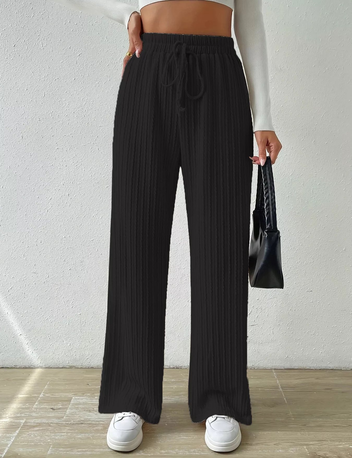 Black Drawstring Wide Leg Pants | Loungewear Bottoms Daverri Fashions