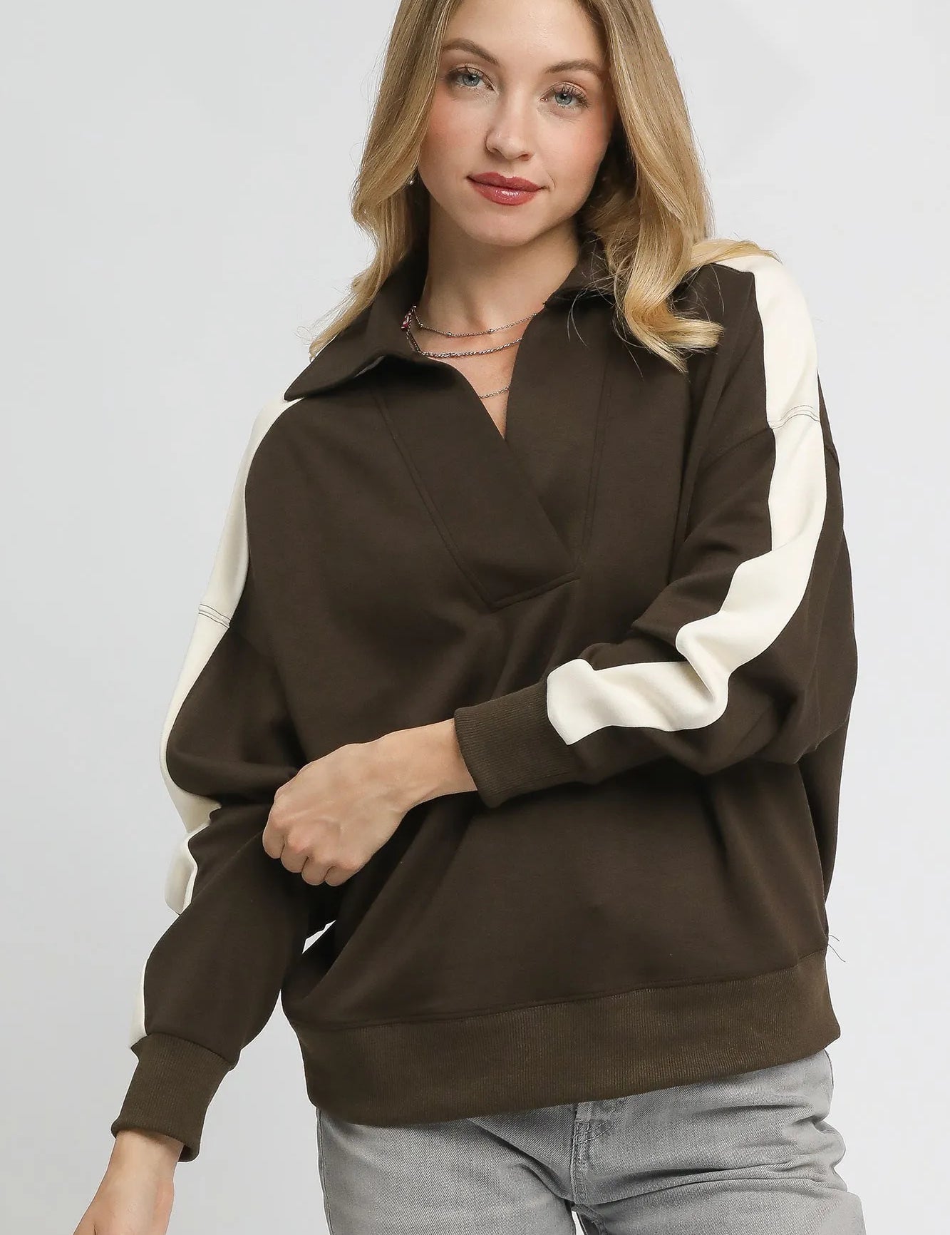 ESPRESSO Umgee Color Block Polo Sweatshirt | Sweatshirts Daverri Fashions