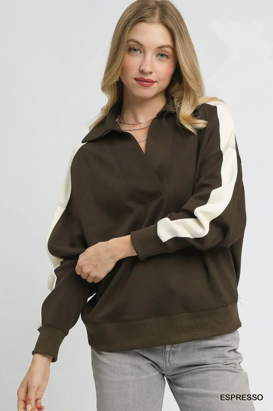 Umgee Color Block Polo Sweatshirt - DAVERRI FASHIONS