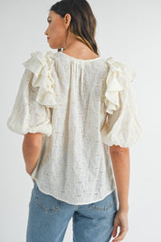 MABLE Eyelet Lace Ruffle Shoulder Puff Sleeve Blouse | Daverri Fashions