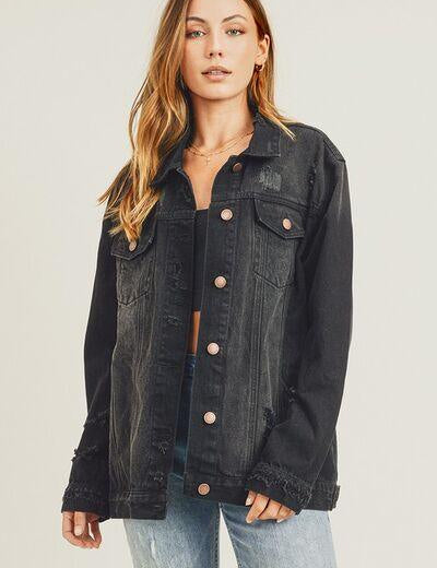 Black RISEN Full Size Distressed Long Sleeve Denim Jacket | Daverri Fashions
