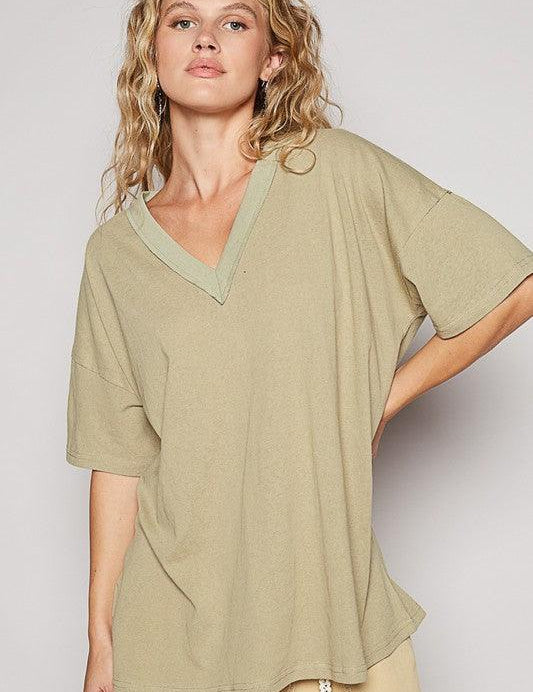 Dried Moss POL V-Neck Half Sleeve T-Shirt | T-Shirts Daverri Fashions