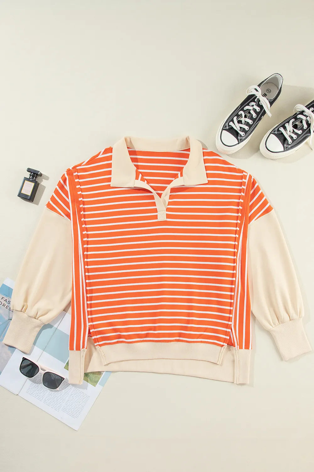 Striped Johnny Collar Long Sleeve Sweatshirt | Sweatshirts Daverri Fashions