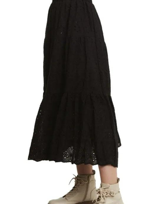 ADORA Elastic Waistband Tiered Midi Skirt | Skirts Daverri Fashions