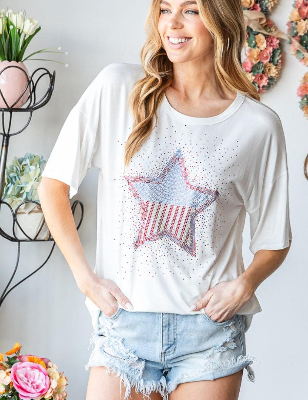 Ivory 3XL Heimish Plus Size Star Patch Short Sleeve T-Shirt 3XL | T-Shirts Daverri Fashions