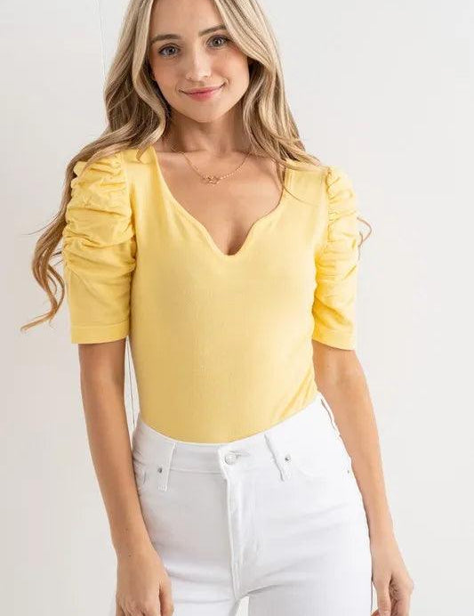 And The Why Shirring Puff Sleeve Bodysuit | Bodysuits Daverri Fashions