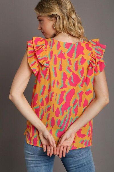 Umgee Full Size Abstract Print V-Neck Double Layer Ruffle Sleeve Blouse Plus Size | Blouses Daverri Fashions