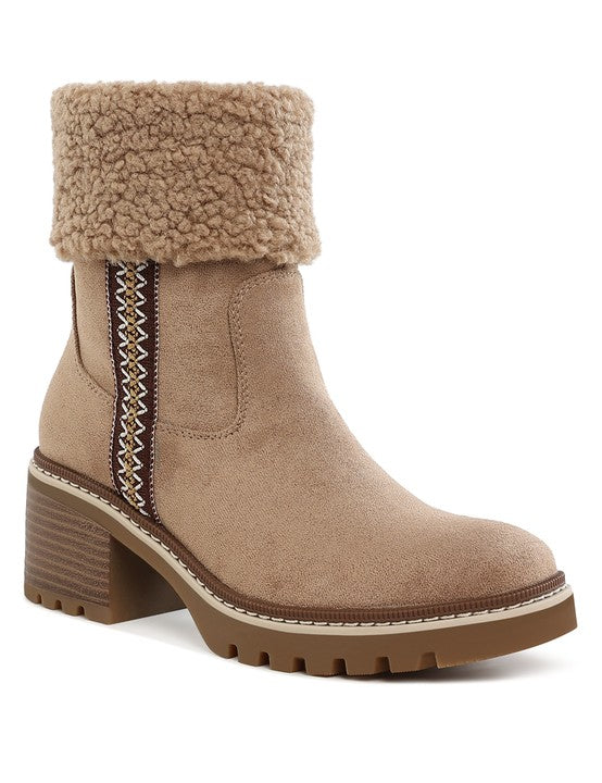 Beige Woolly Faux Fur & Embroidery Detail Boots | Boots Daverri Fashions