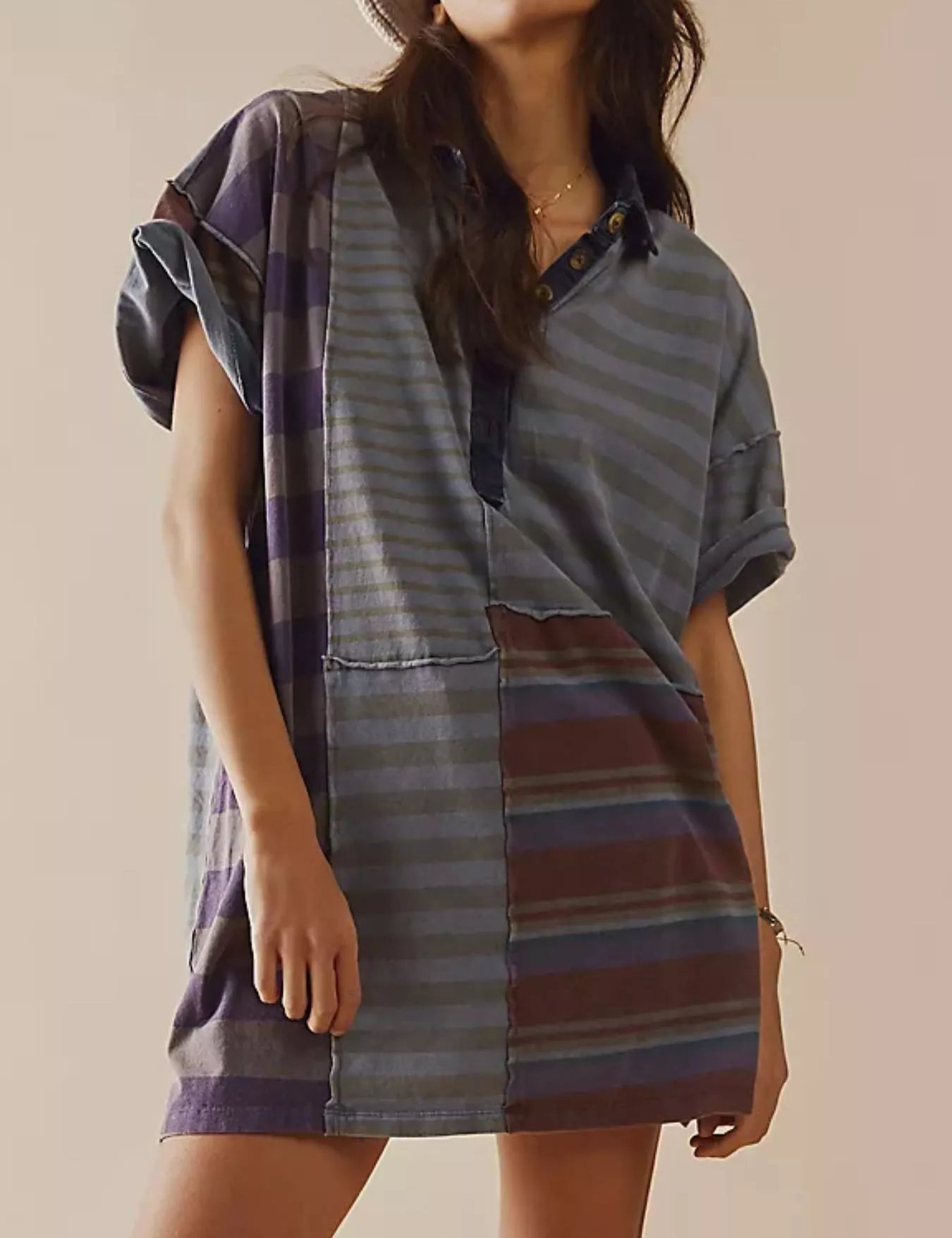 Blue-purple Stripes Striped Oversized Half Button Shirt Dress | Mini Dresses Daverri Fashions