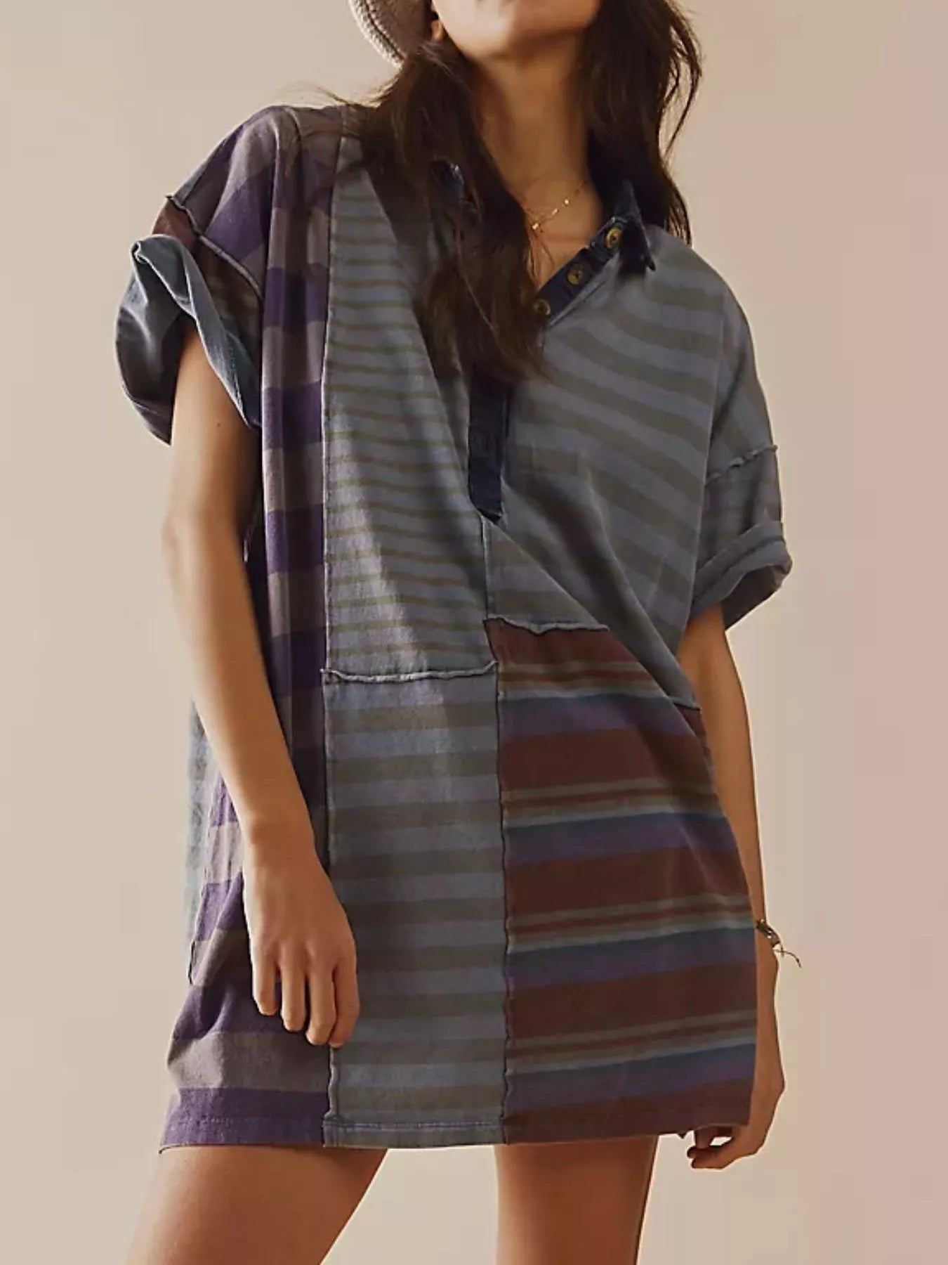 Blue-purple Stripes Striped Oversized Half Button Shirt Dress | Mini Dresses Daverri Fashions