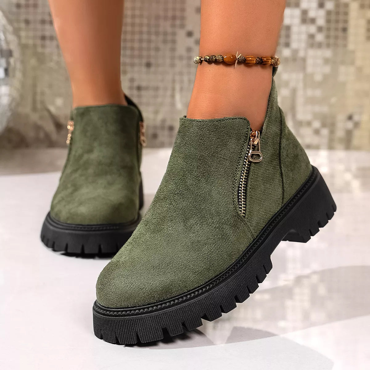 Green Bria Round Toe Side Zip Ankle Boots | Boots Daverri Fashions