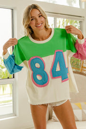 Ivory Green XL BiBi Color Block Patched Long Sleeve Top | Tops Daverri Fashions