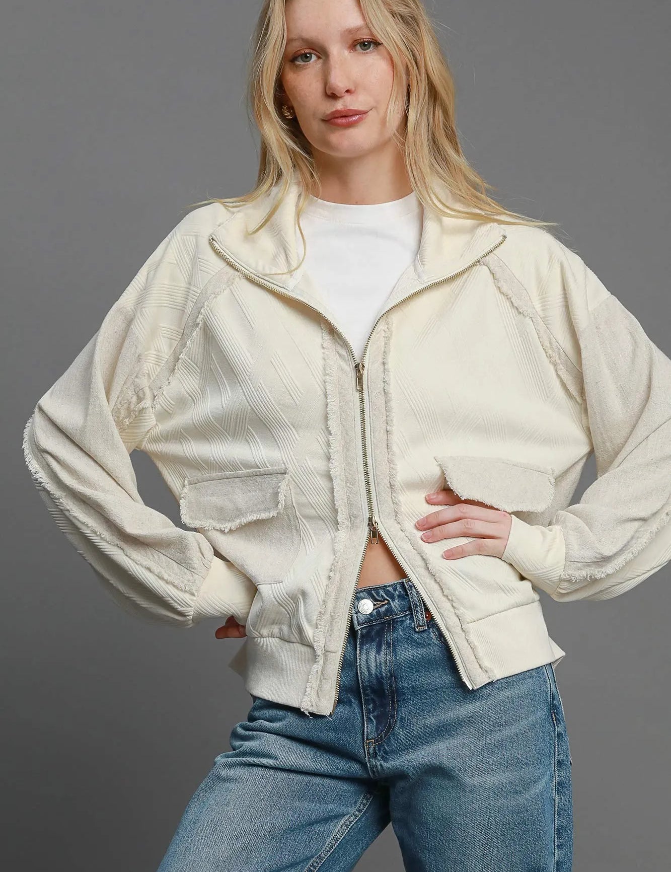 OATMEAL Umgee Two-Way Jacquard Zip-Up Jacket | Daverri Fashions