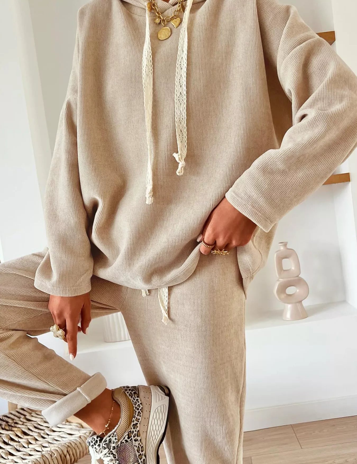 Beige Lace Drawstring Hoodie and High Waist Pants Corduroy Suit | Loungewear Sets Daverri Fashions