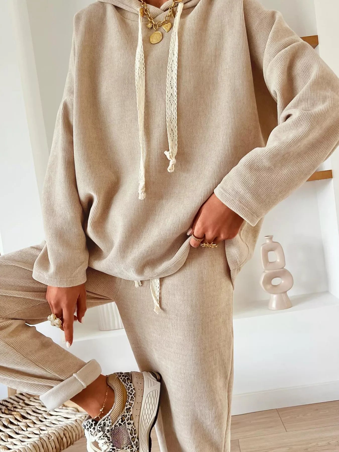Beige Lace Drawstring Hoodie and High Waist Pants Corduroy Suit | Loungewear Sets Daverri Fashions