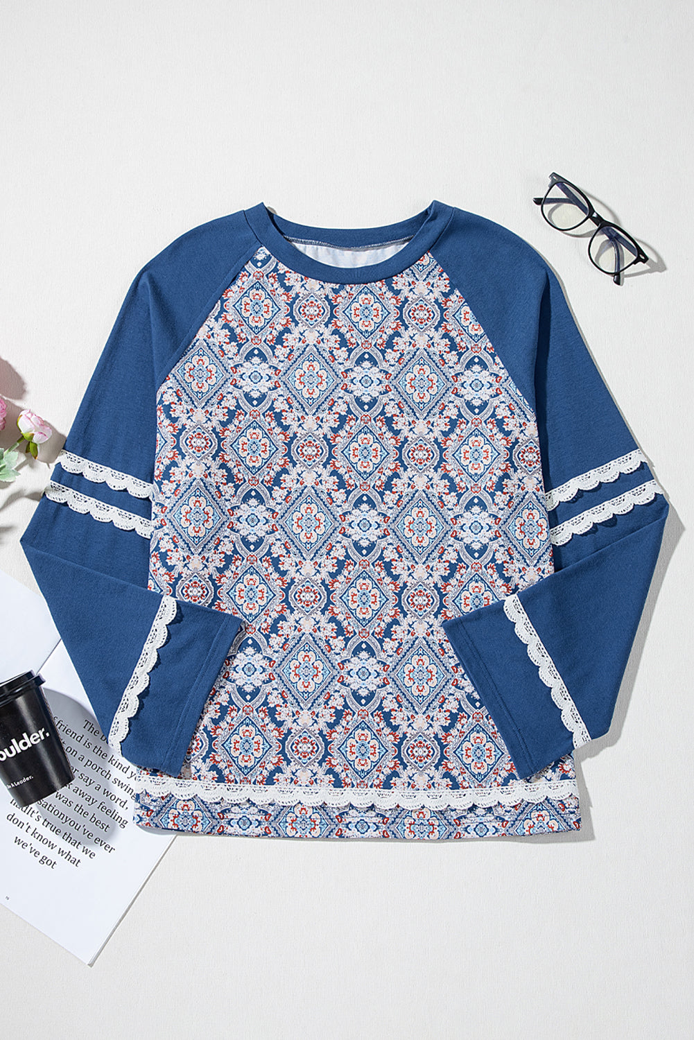 Blue Geometric Printed Lace Patchwork Ric Rac Raglan Long Sleeve Top | Tops/Long Sleeve Tops Daverri Fashions