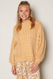 Honey Gold POL Mock Neck Cable Knit Sweater | Sweaters Daverri Fashions