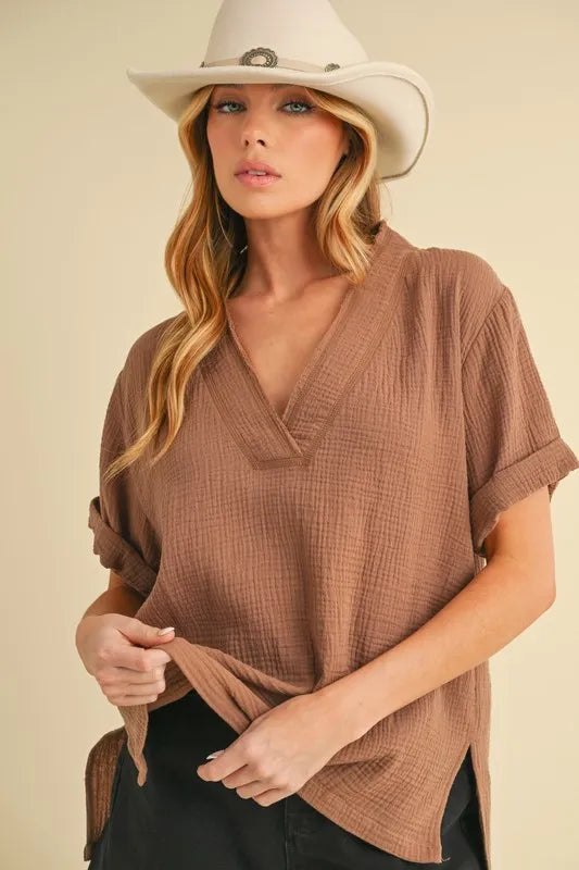 Aemi + Co Side Slit V-Neck Short Sleeve Blouse | Daverri Fashions
