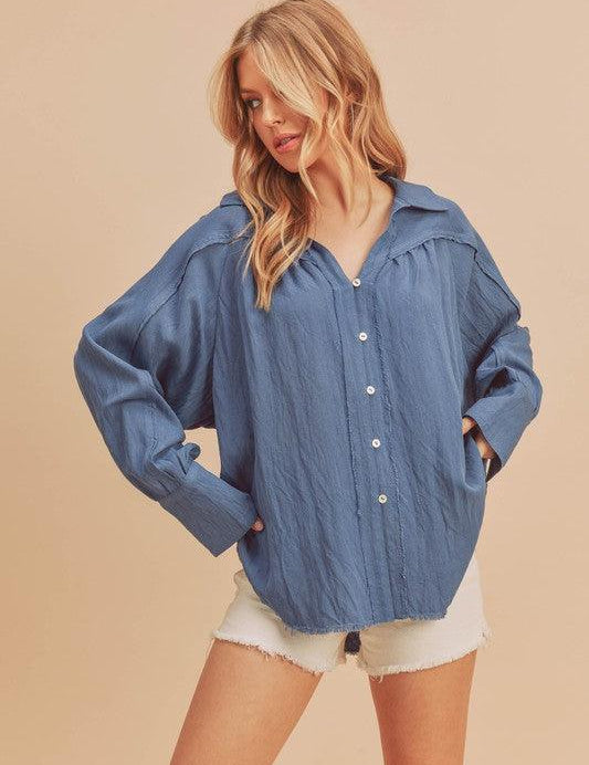 Aemi + Co Raw Hem Button Down Raglan Sleeve Shirt | Shirts Daverri Fashions