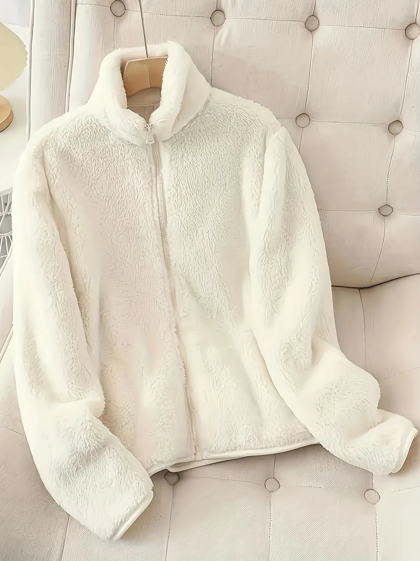 White Fleece Long Sleeve Zip-Up Jacket | Jackets Daverri Fashions