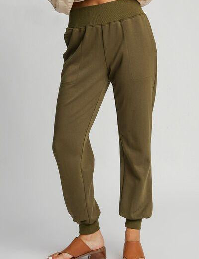 Umgee Full Size High Rise Elastic Waist Knit Joggers with Pockets Olive | Joggers Daverri Fashions