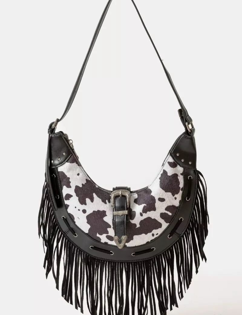 BW one size Cow Print Faux Leather Fringe Hobo Bag | Hobo Bags Daverri Fashions