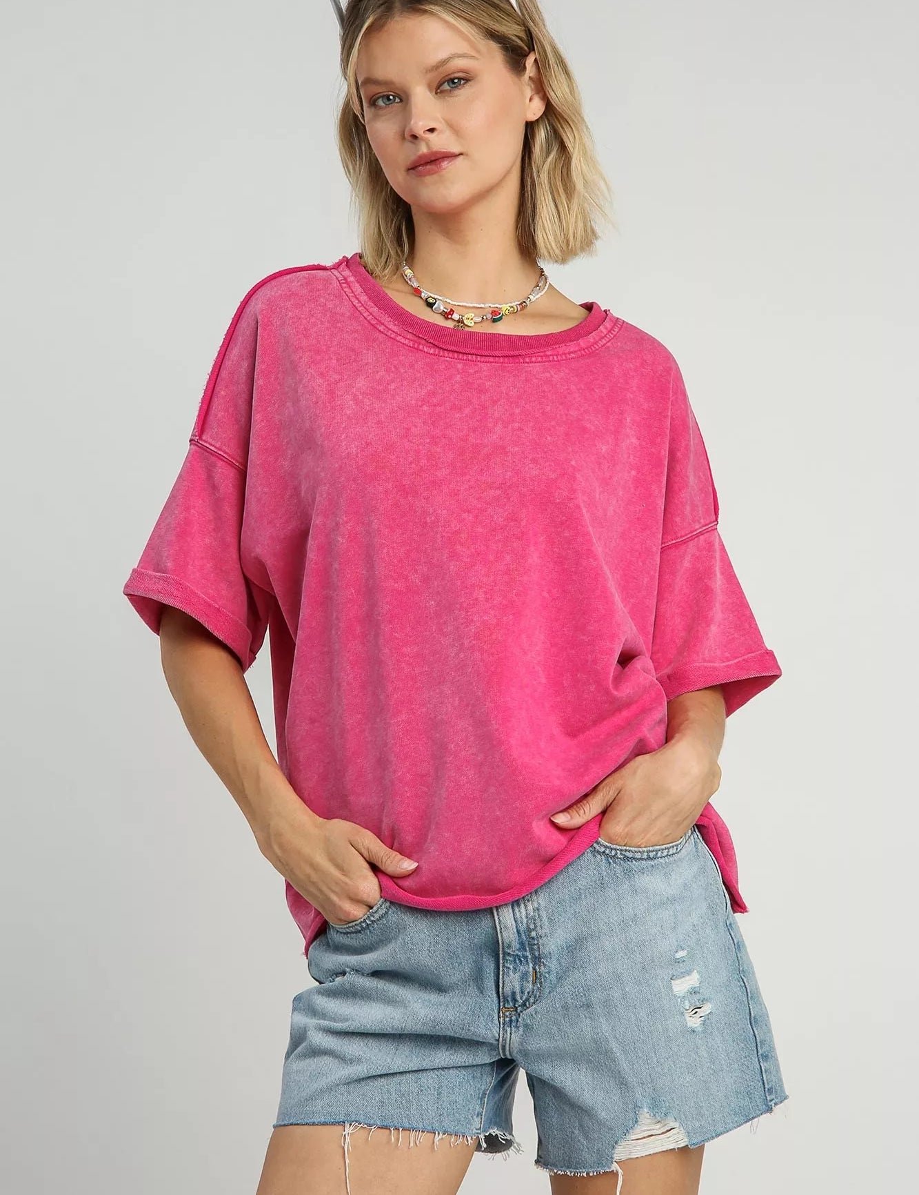 UMG-HOT PINK Umgee Mineral Wash Round Neck Top Hot Pink | Tops Daverri Fashions