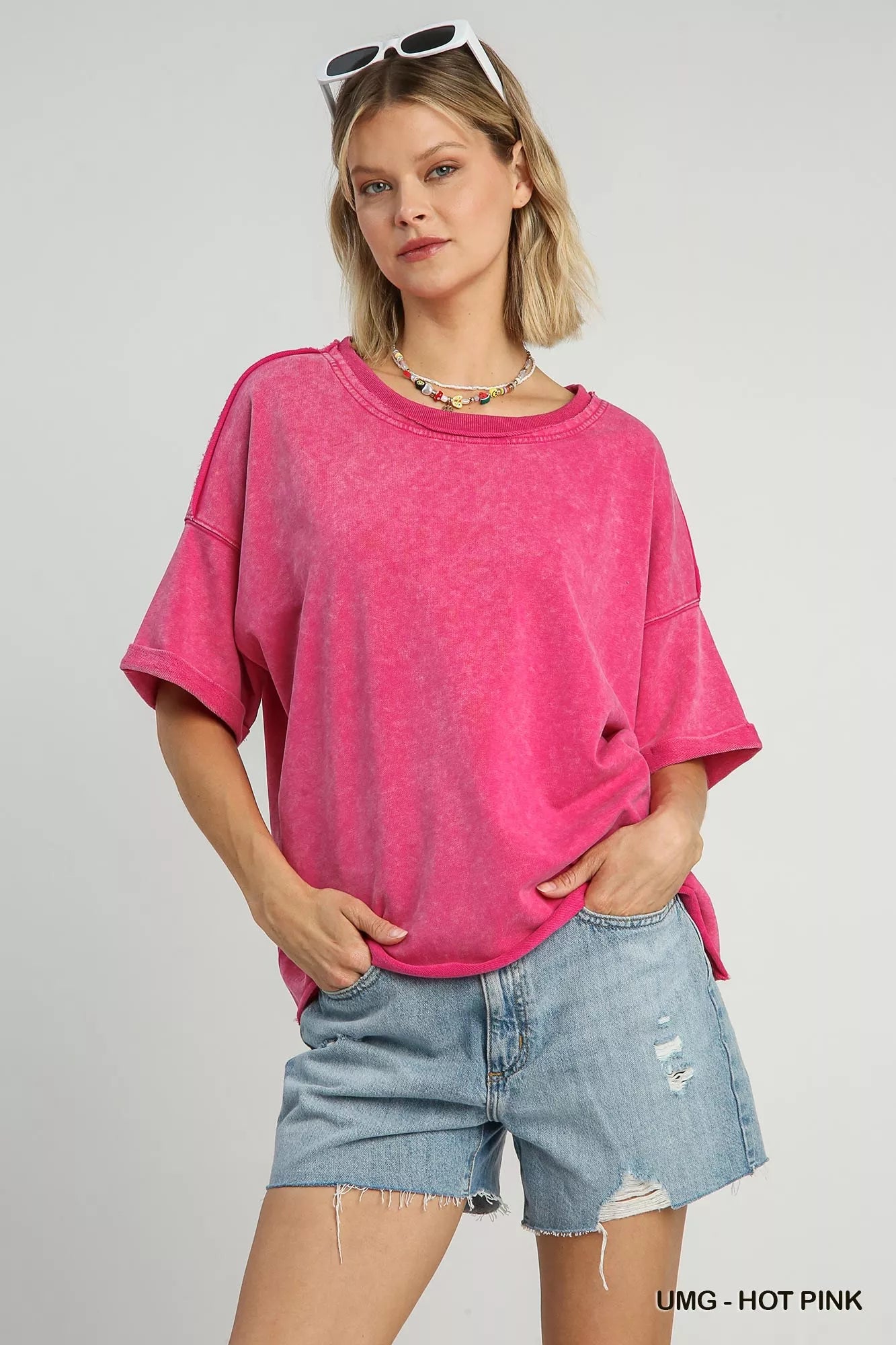 UMG-HOT PINK Umgee Mineral Wash Round Neck Top Hot Pink | Tops Daverri Fashions