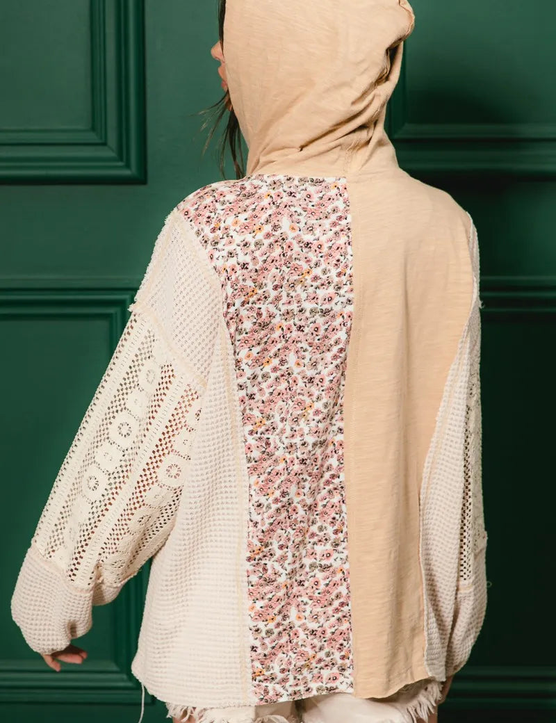 BiBi Slub Jersey with Lace Combo Buttoned Hoodie Top | Hoodies Daverri Fashions