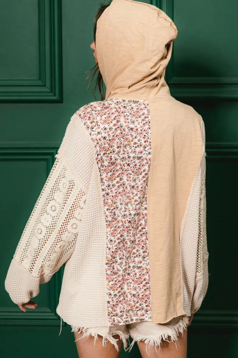 BiBi Slub Jersey with Lace Combo Buttoned Hoodie Top | Hoodies Daverri Fashions