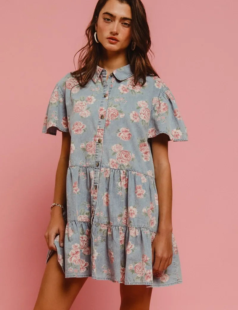 LT DENIM XL BiBi Floral Print Washed Lightweight Tiered Shirt Dress | Mini Dresses Daverri Fashions