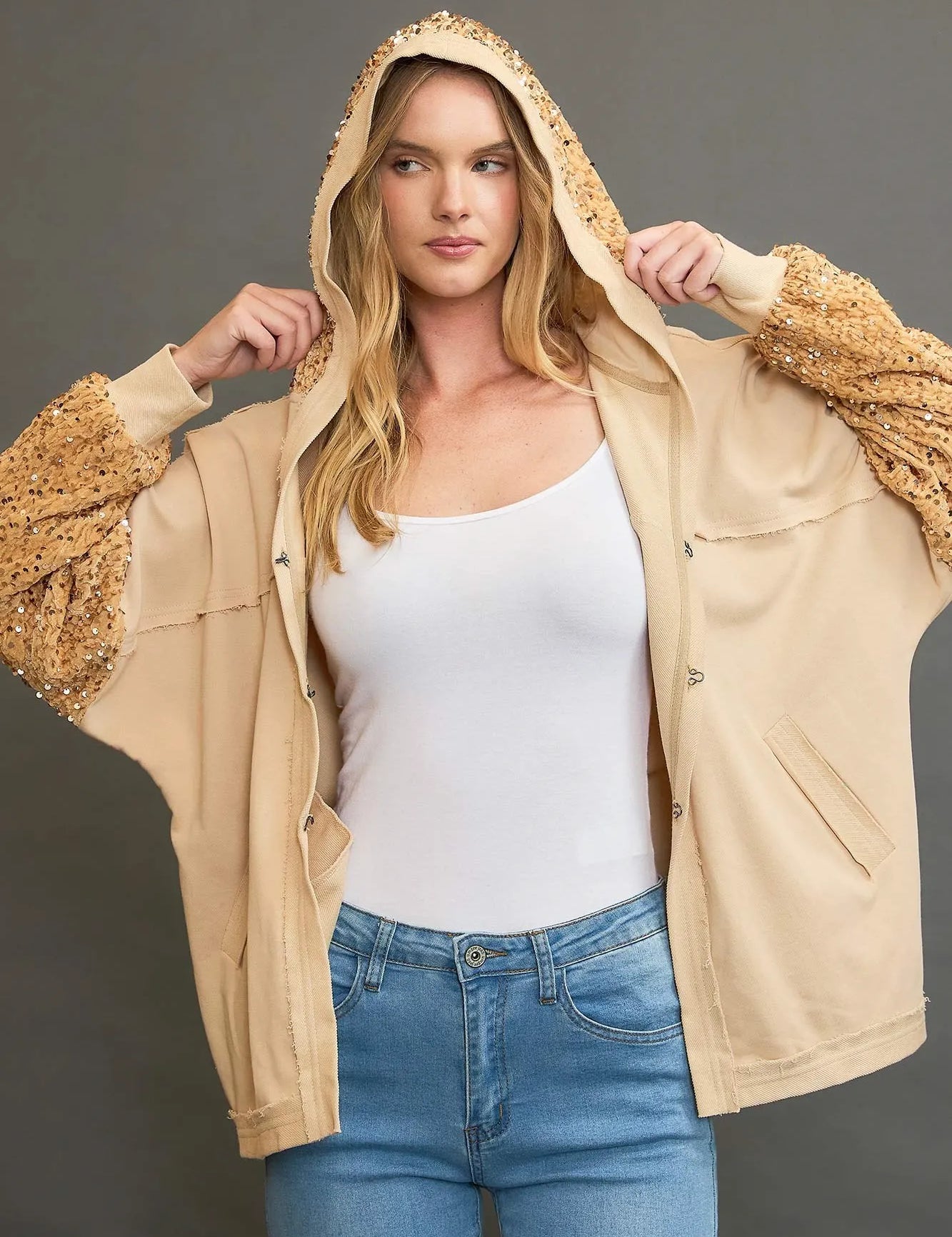 LATTE Umgee Sequined French Terry Jacket | Jackets Daverri Fashions