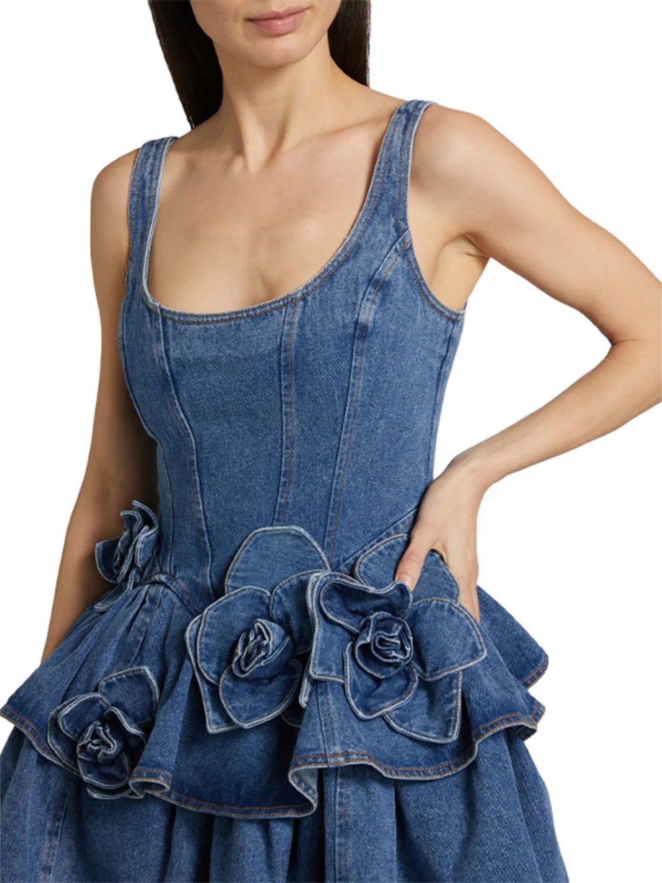 Ruffled Layered Scoop Neck Denim Dress | Daverri Fashions