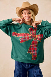 BiBi Plaid Ribbon Bow Detail Christmas Fleece Pullover | Sweatshirts Daverri Fashions