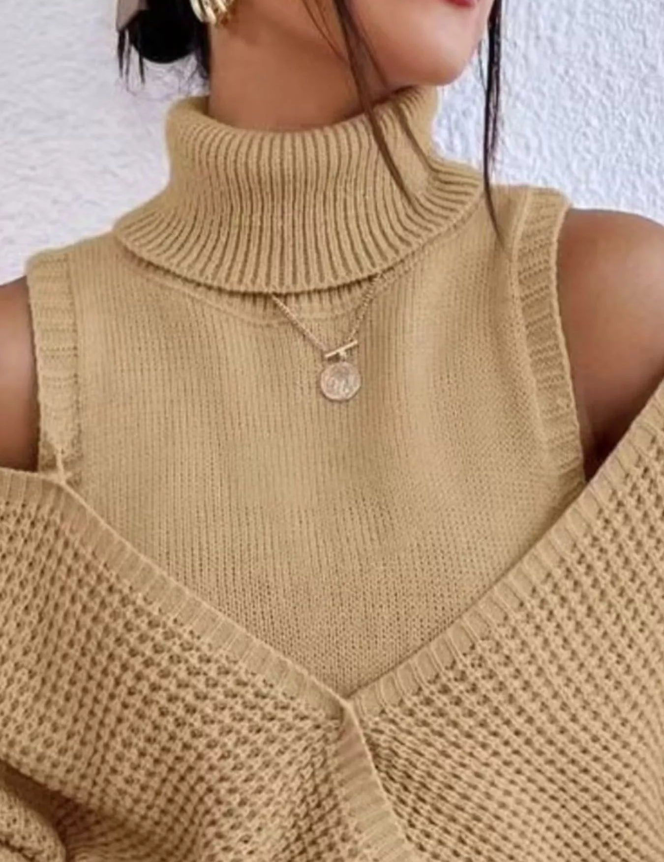 Waffle Knit Cold Shoulder Turtleneck Sweater | Sweaters Daverri Fashions