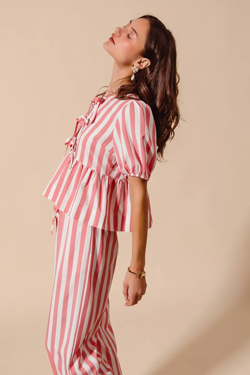 SO ME Front Tie Stripe Top With Puff Sleeves and Wide Leg Pants Set | Outfit Sets Daverri Fashions