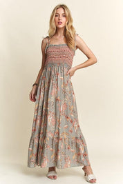 ADORA Smocked Printed Square Neck Tie Shoulder Cami Dress | Cami Dresses Daverri Fashions