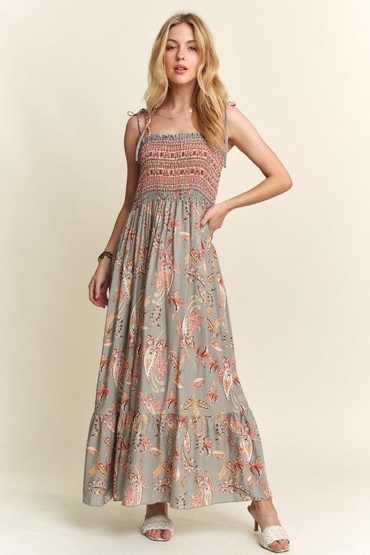 ADORA Smocked Printed Square Neck Tie Shoulder Cami Dress | Cami Dresses Daverri Fashions