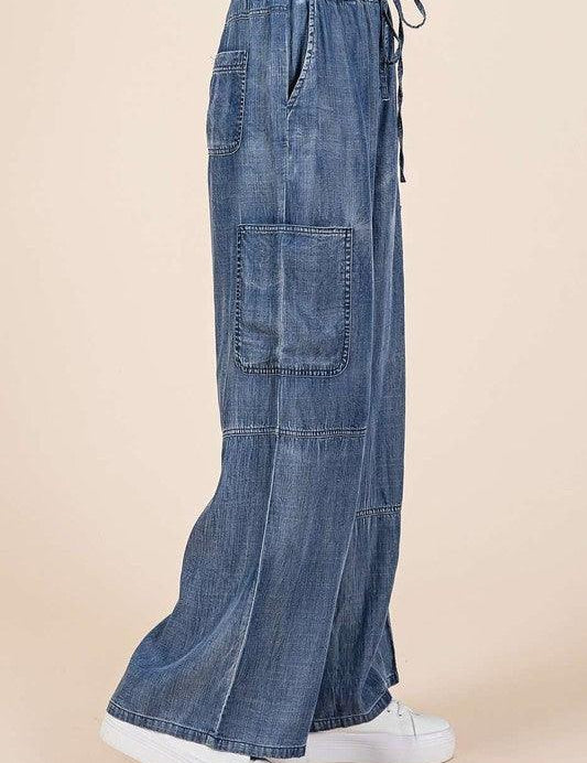 Mittoshop Washed Elastic Waist Cargo Wide Leg Pants | Cargo Pants Daverri Fashions