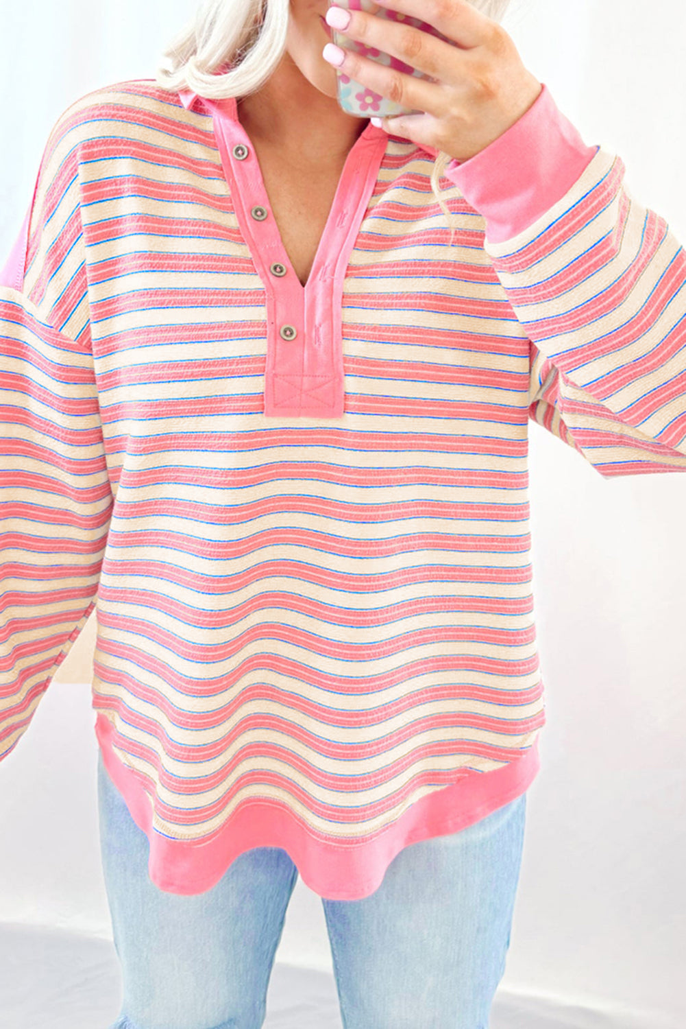 Pink Stripe 95%Polyester+5%Elastane Striped Buttoned V Neck Collared Drop Shoulder Top | Tops/Long Sleeve Tops Daverri Fashions