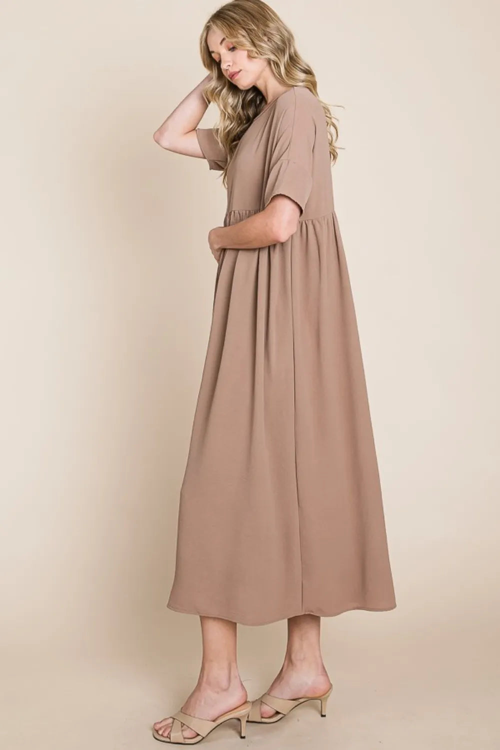 BOMBOM Round Neck Ruched Midi Dress | Daverri Fashions