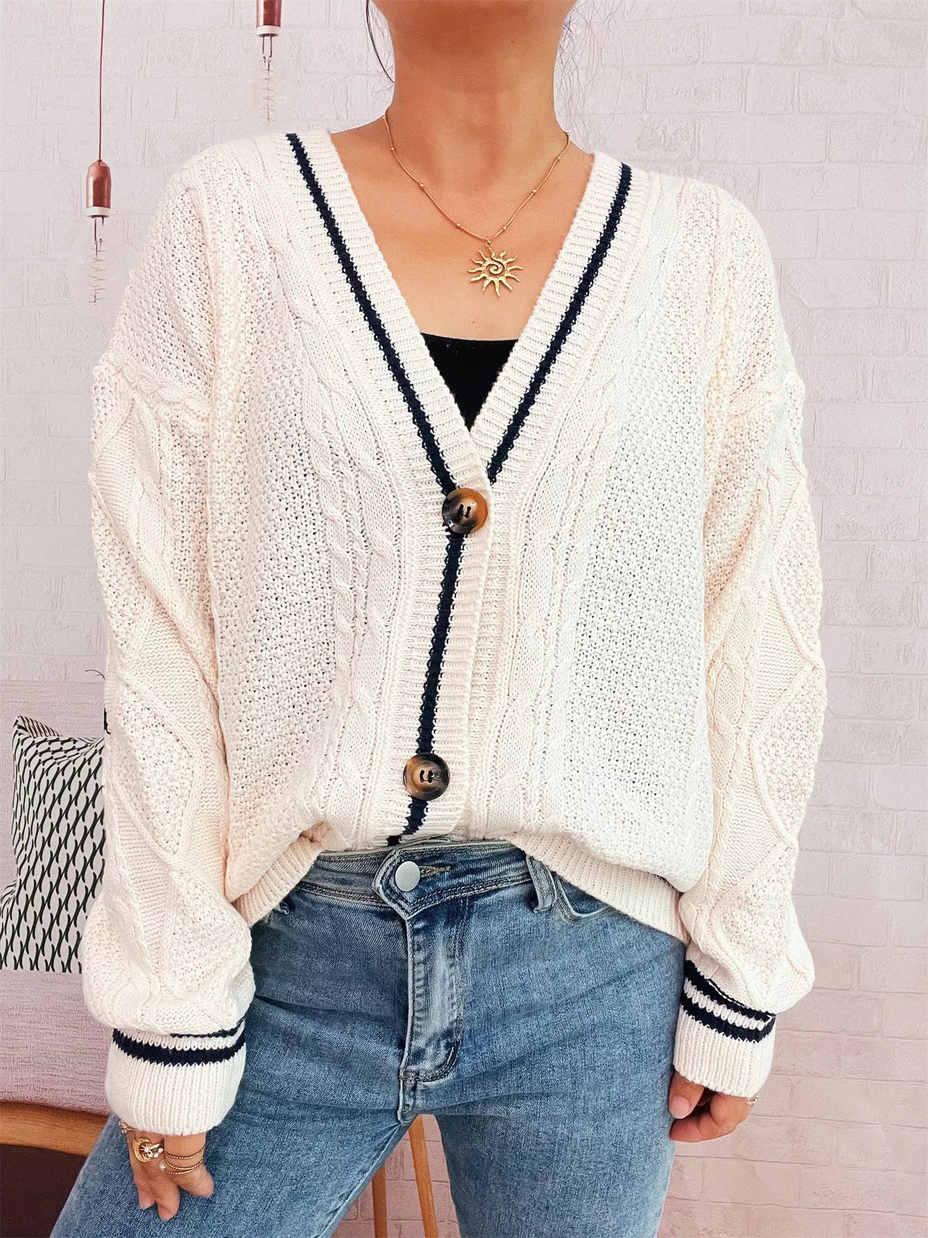 Star Pattern Button-Up Cardigan with Contrast Trim | Cardigans Daverri Fashions