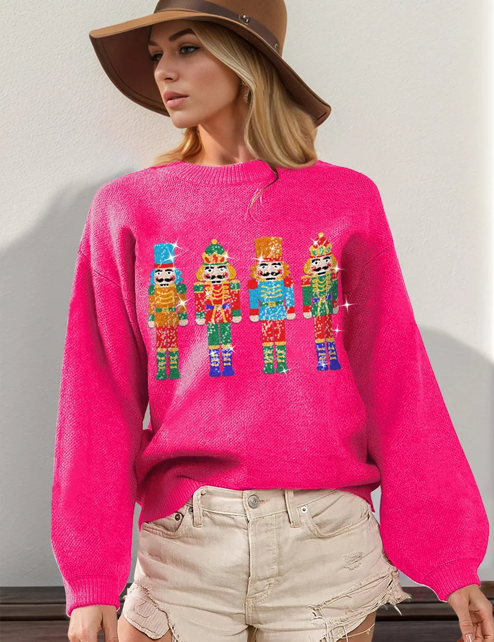 Hot Pink Double Take Full Size Sequin Nutcracker Long Sleeve Sweater | Sweaters Daverri Fashions