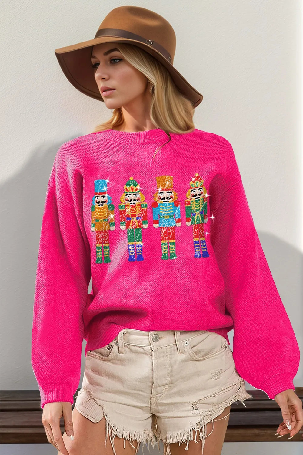 Hot Pink Double Take Full Size Sequin Nutcracker Long Sleeve Sweater | Sweaters Daverri Fashions