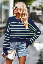 Dark Blue Striped Round Neck Drop Shoulder Slit Sweater | Sweaters Daverri Fashions