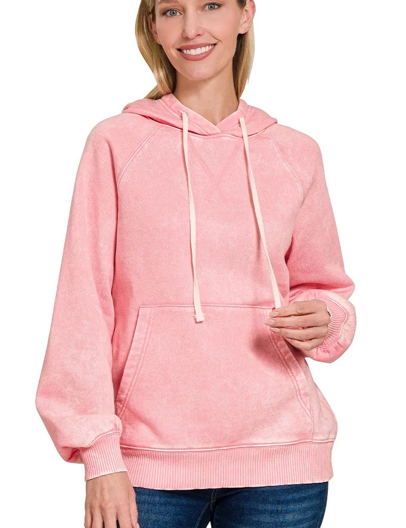 DK PINK S Zenana Acid Wash Fleece Hoodie with Kangaroo Pocket Dk Pink | Hoodies Daverri Fashions