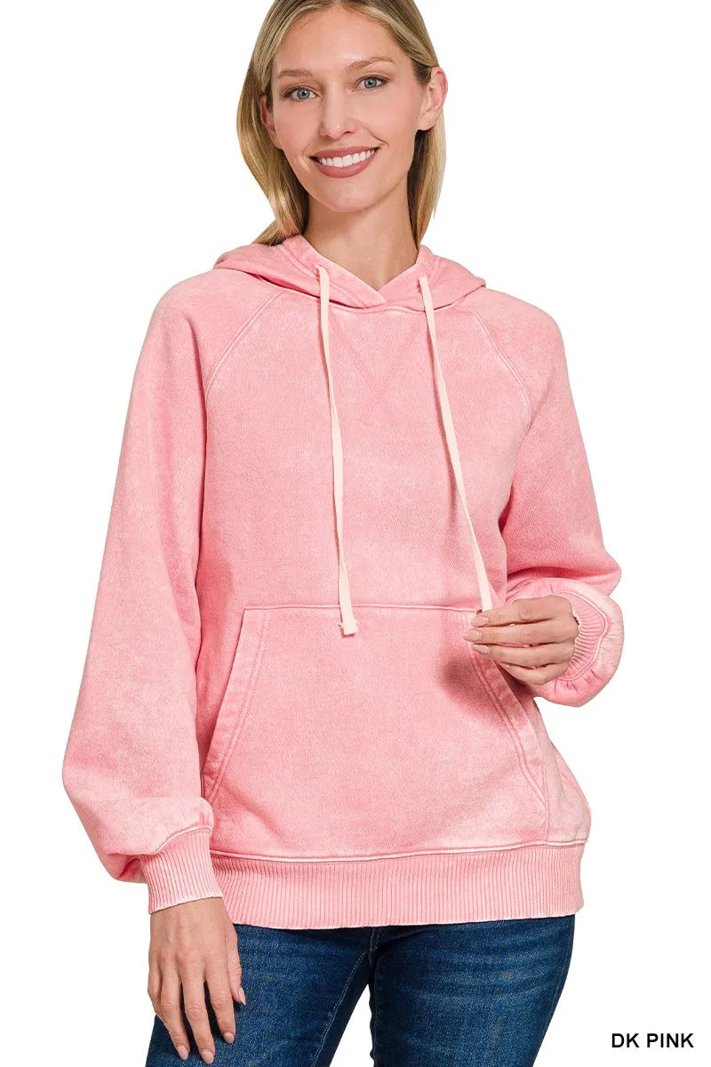 DK PINK S Zenana Acid Wash Fleece Hoodie with Kangaroo Pocket Dk Pink | Hoodies Daverri Fashions