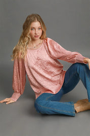 Umgee Wrinkled Round Neck Lantern Sleeve Blouse | Daverri Fashions
